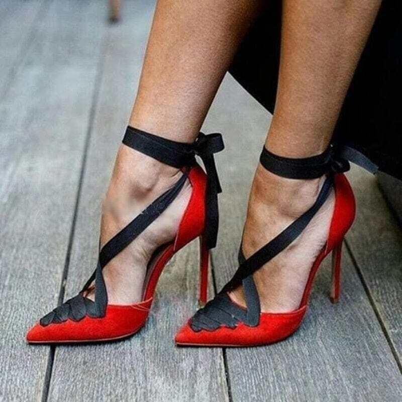 Pereira: Women's Red Suede Black Ribbon Lace-Up Stiletto Heel