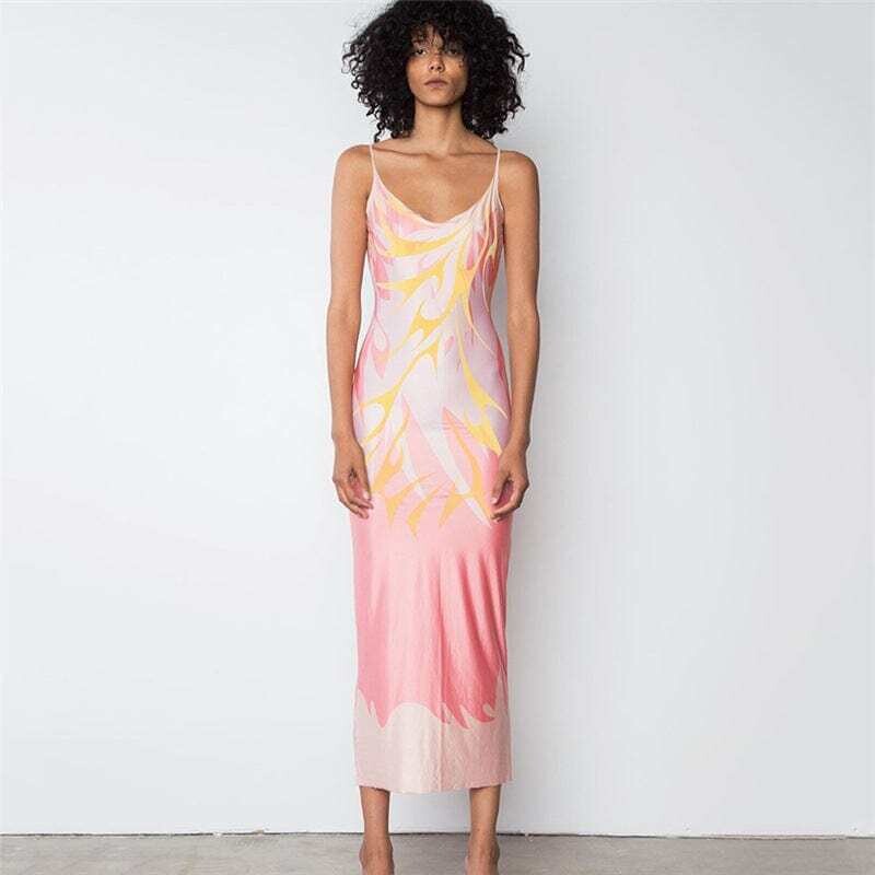 YD7864 Summer Trending Printed Slip Dresses Women Elegant Casual v Neck Midi Dress
