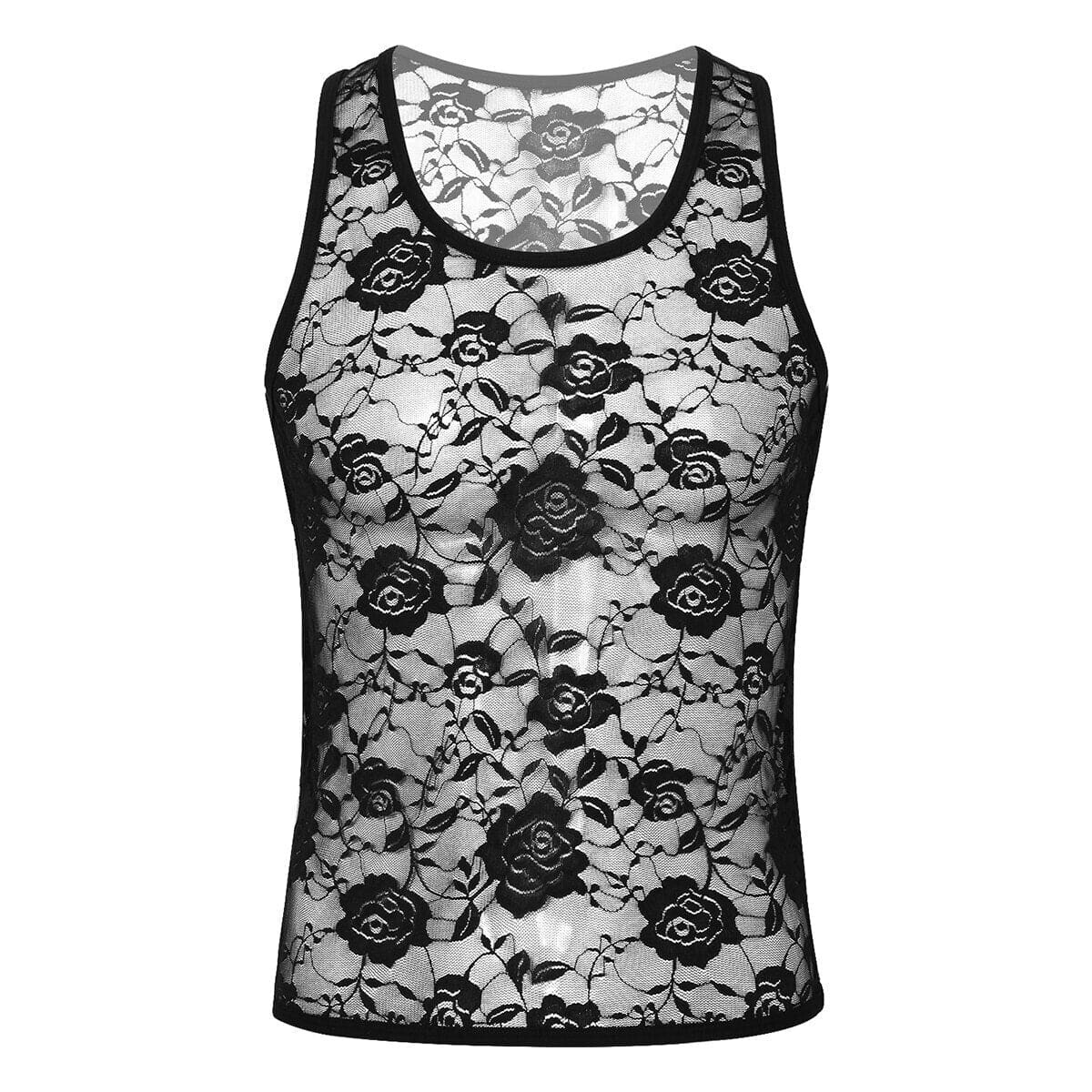 Men's Sheer Mesh Floral Lace Undershirt Muscle Rave T-Shirts Tank Top