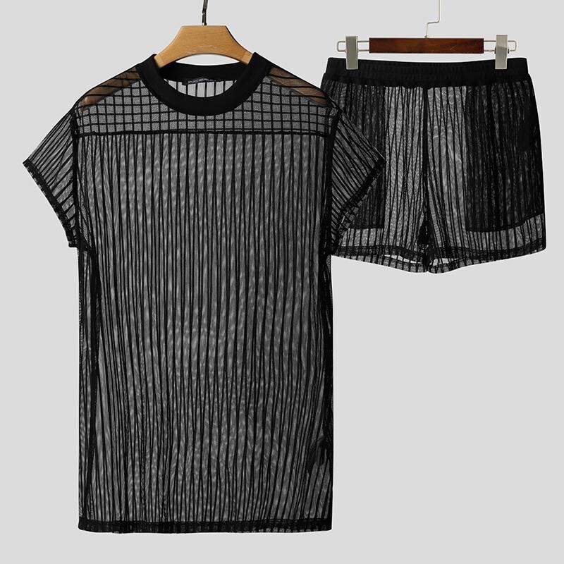 Men Mesh Sets Transparent Sexy Homewear Short Sleeve O Neck T Shirt Shorts Nightwear Party Men Suits Streetwear S-5xl INCERUN