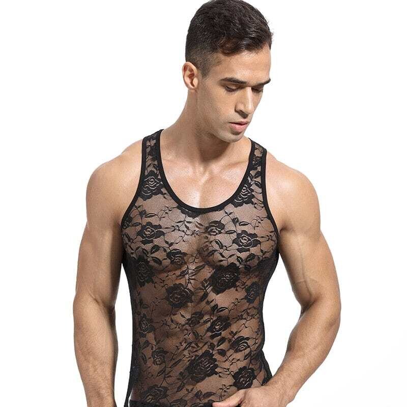 Men's Sleeveless Sheer Mesh Intimate Lace Tank Top Loungewear
