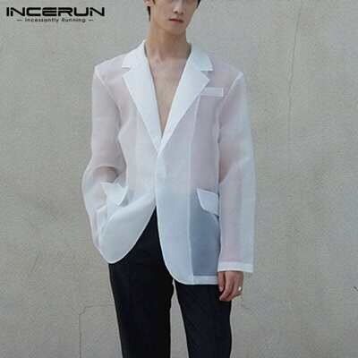 Fashion Men Mesh Blazers Transparent Lapel Long Sleeve Sexy Casual Coats 2022 One Button Streetwear Party Men Suit S-5xl INCERUN