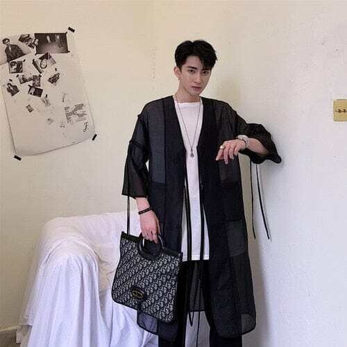 Men Translucent Mesh Trench Coat Male Japan Streetwear Punk Gothic Hip Hop Long Cardigan Jacket Stage Clothing