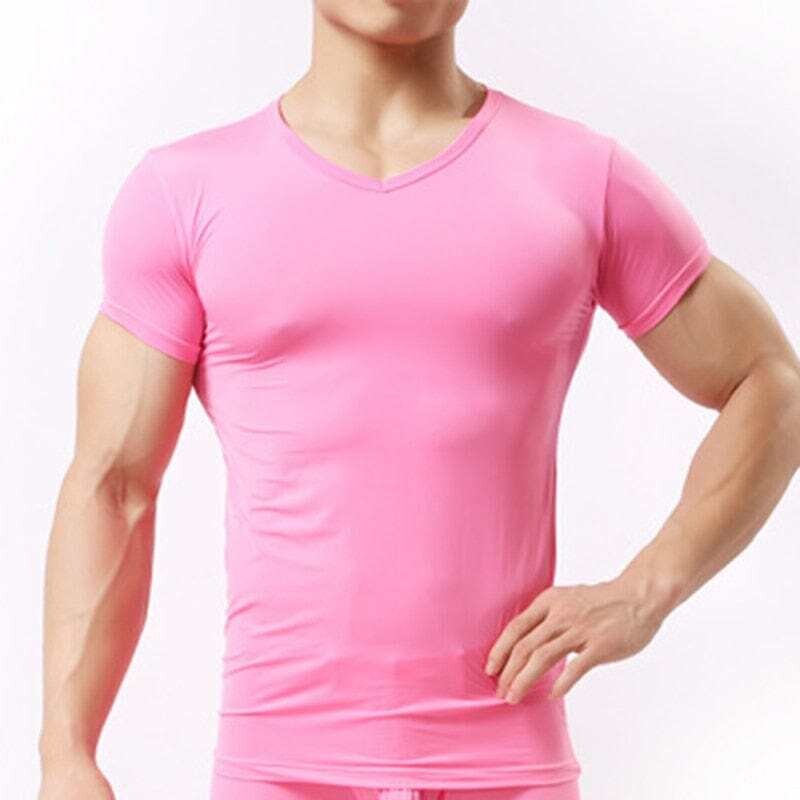 Men's Hot Pink Ice Silk Mesh Bodybuilding Fitness T-Shirt