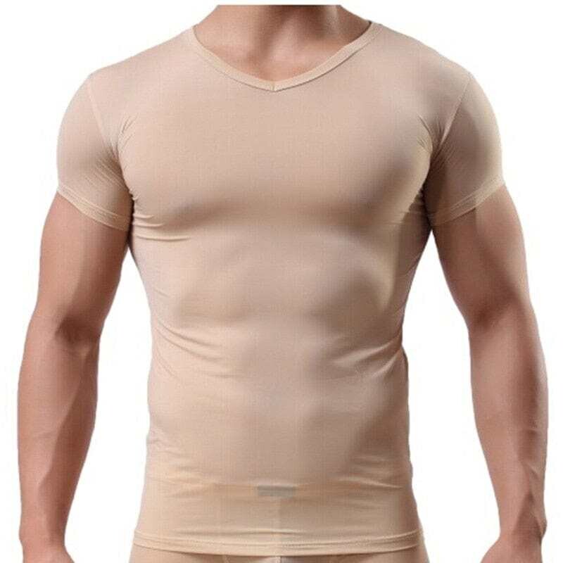 Men's Beige Ice Silk Mesh Bodybuilding Fitness T-Shirt