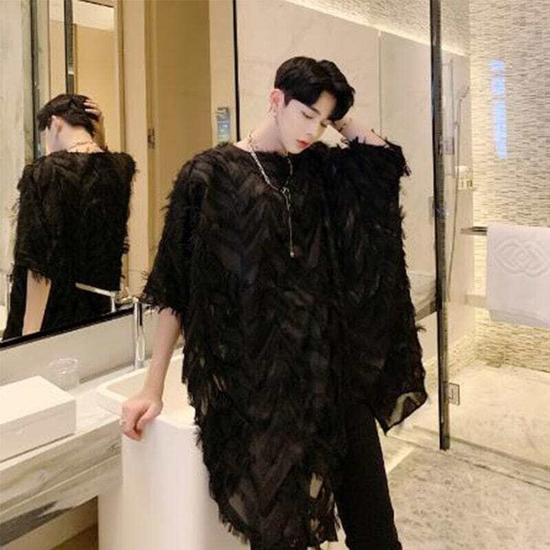 Men Summer Black White Feather Oversized Long T Shirt Sexy Hollow Out Nightclub Stage Costume Men Hip Hop Mesh Tee Shirts