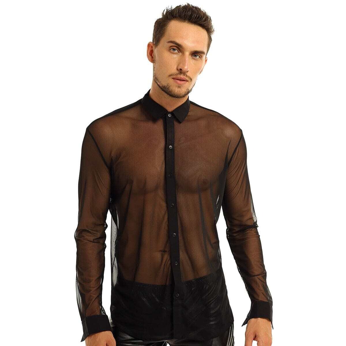 IIMINIUM: Men's Mesh Long Sleeve Clubwear Turn-Down Collar Top Shirt WetLook