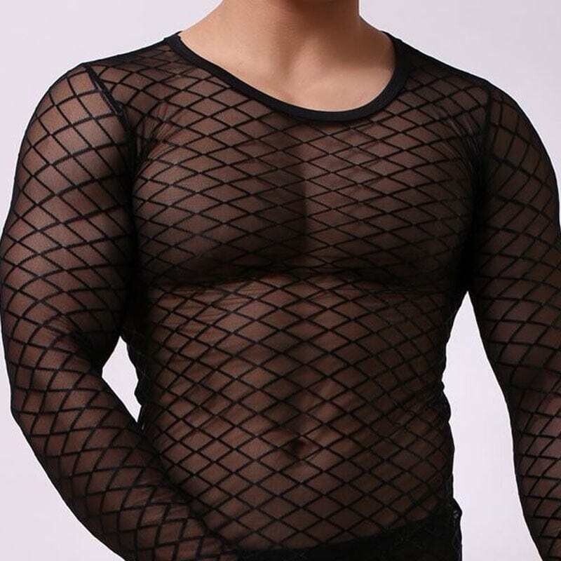 CLEVER-MENMODE: Men's Mesh Transparent SleepWear Exotic Fishnet Sheer Thin Stretch Undershirt
