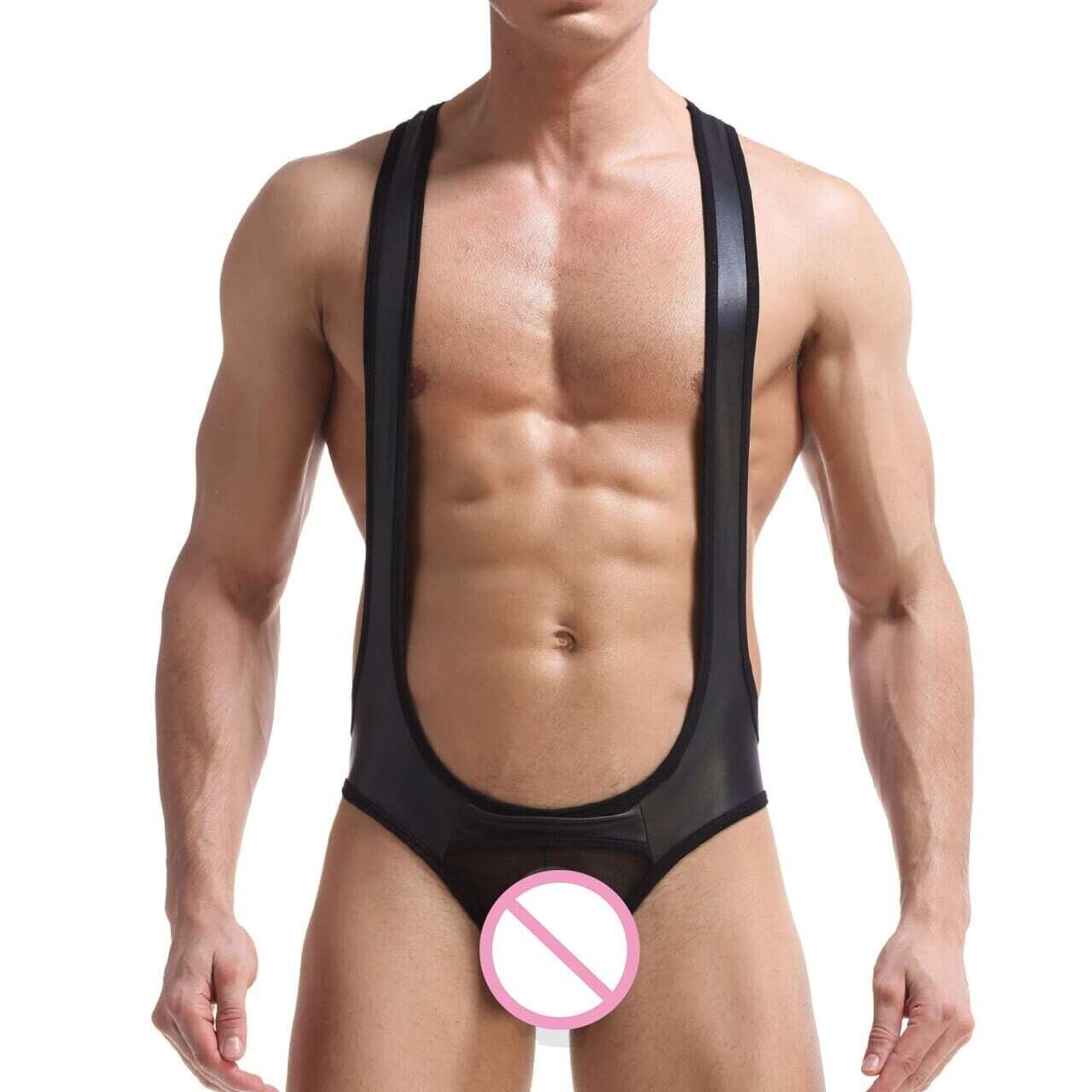 SANSISITER: Men's Mesh Leather Jumpsuits Wrestling Singlet Underwear Lingerie Latex Bodysuits