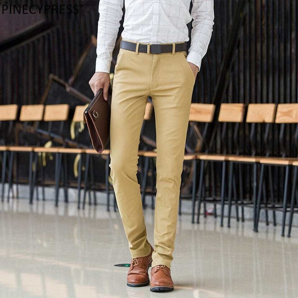 Men's Business Pants Slim Male Long Chino Pants in Khaki 98% Cotton