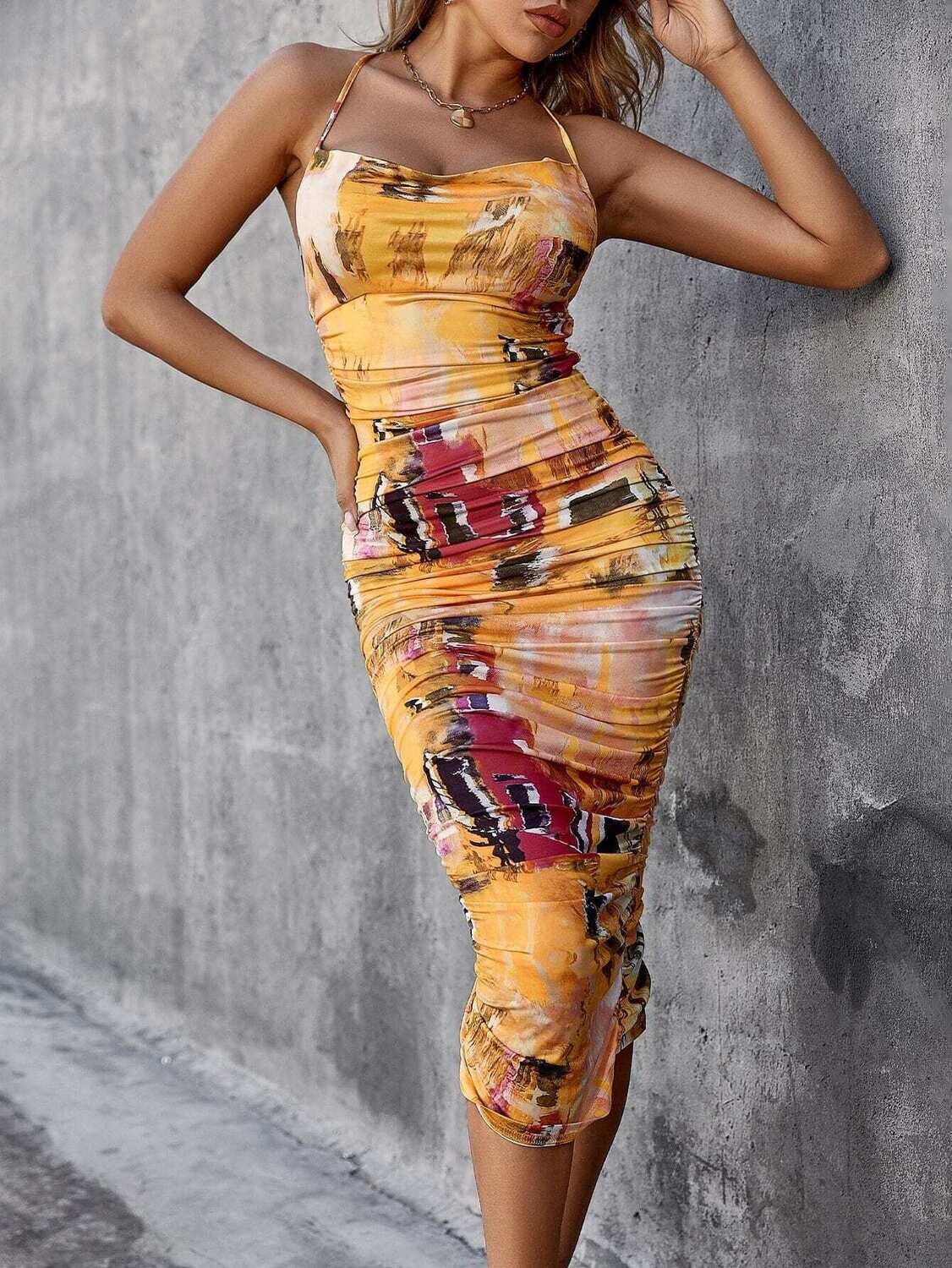 Printed Ruched Back Slit Bodycon Dress