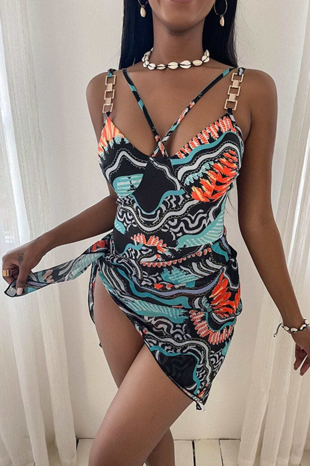 Printed Chain Strap One-Piece Swimsuit with Sarong