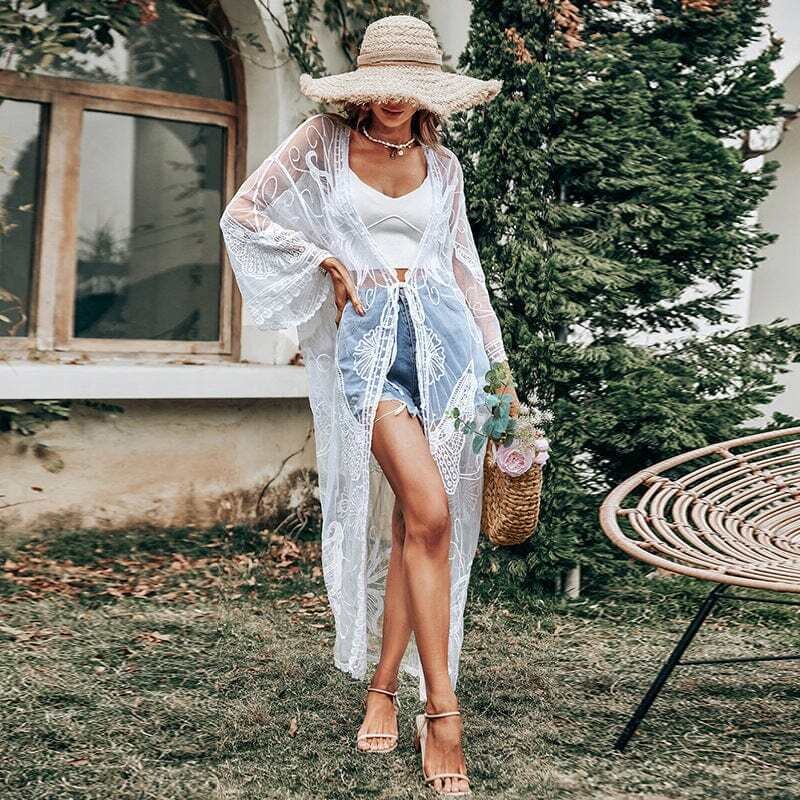 Lace Tie Front Bell Sleeve Duster Kimono