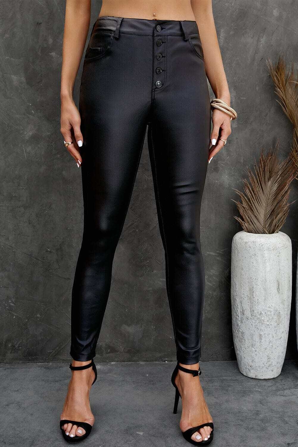 Button Fly PU Leather Leggings