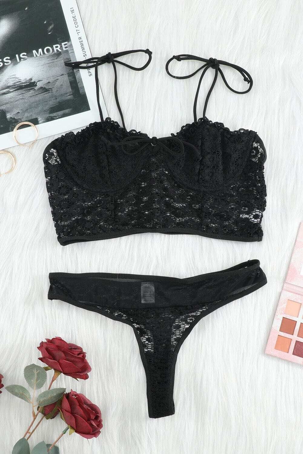 Floral Lace Ruffled Longline Bralette and Panty Set