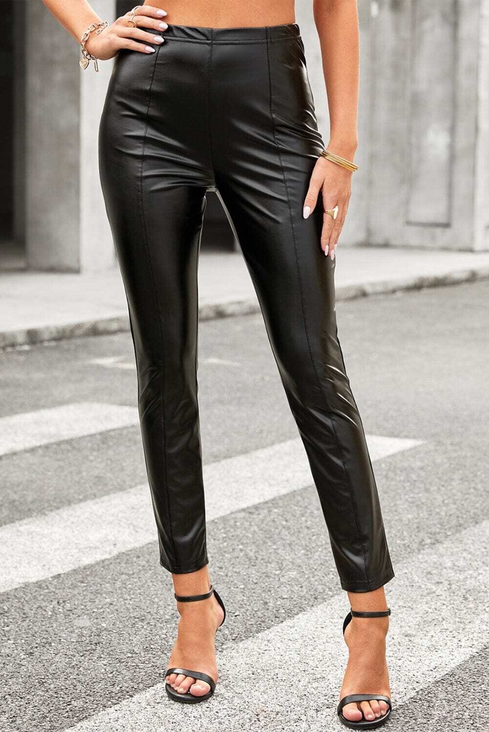 Elastic Waist Paneled PU Leather Pants