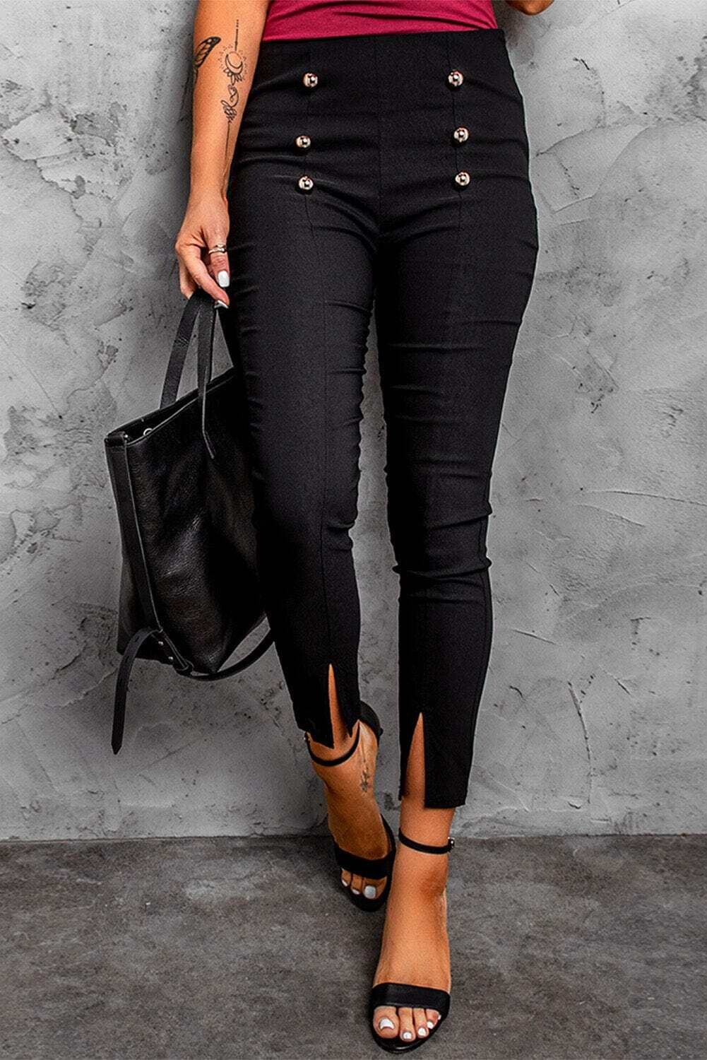 Button Detail Cropped Pants with Slit