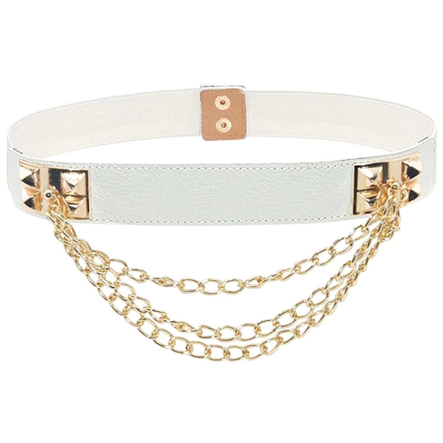 Women Lazy Punk Gold Chain Daily Wide Metal Rivet Elastic Waistband Luxury Leather Belt