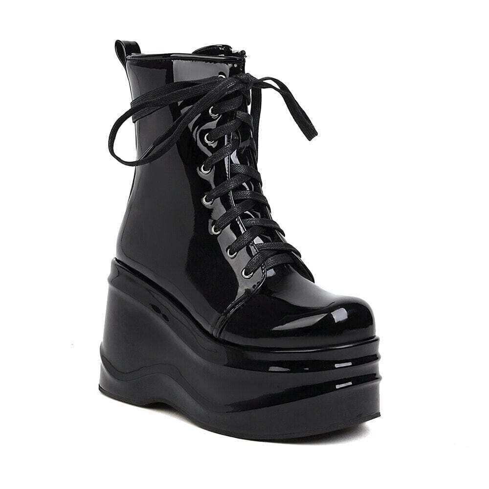 Punk Style Super High Waterproof Platform Flat-Bottomed Women's Boots Cross-Lace Bright Patent Leather Spring New Shoes