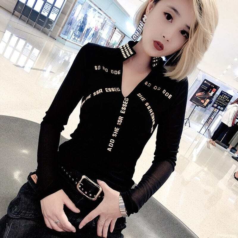 Women's Patchwork Mesh T-shirt Long Sleeve Embroidery Letter Top