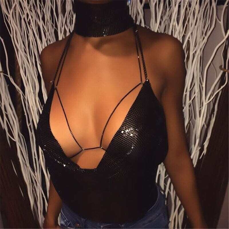 Women Elegant Sexy Shiny Metal Texture Suspender Top Club Backless Bralette Beach Halter Gold Sequined Tank Top Camisole Summer