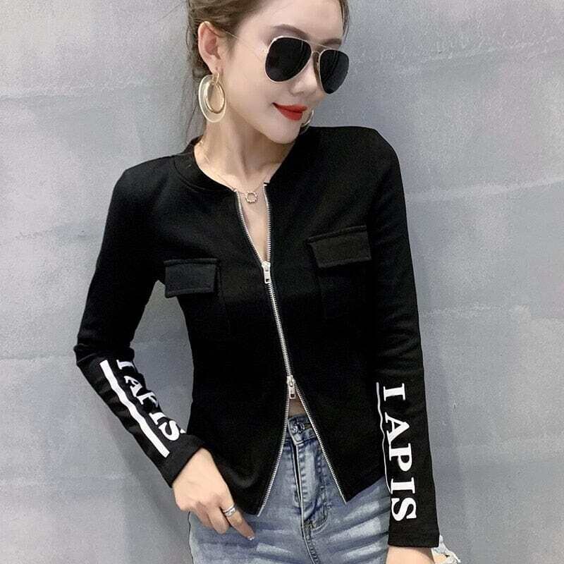 Korean Style Cotton Coat Sexy Chic Pockets Zipper Pullover Print Letter Women Tops Short Jacket C08901L
