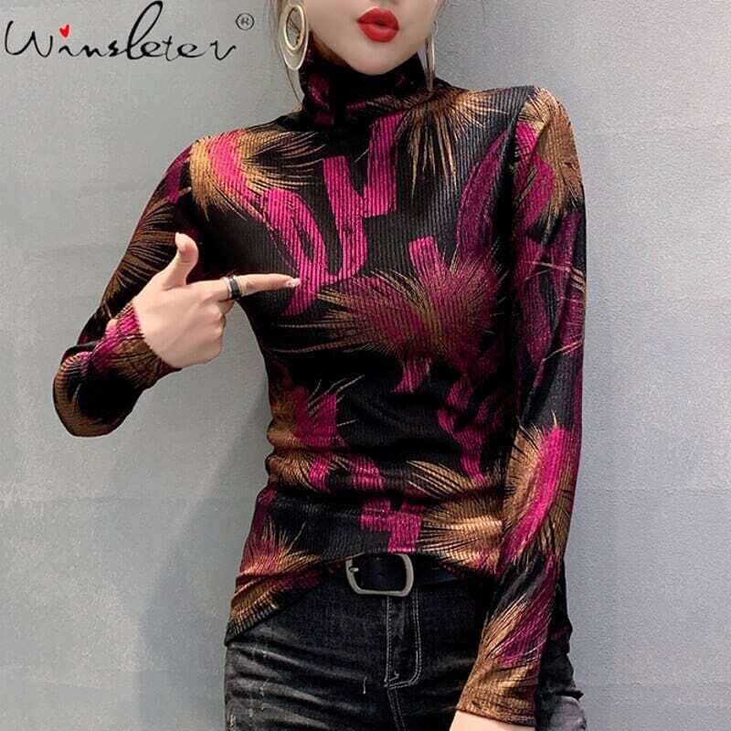 Fall Winter Korean Clothes T-Shirt Fashion Sexy Shiny Bright Gold Turtleneck Print Cotton Women Tops Ropa Mujer Tees New T08627L