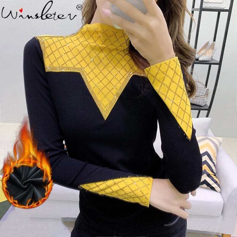 Mad Black  Chic & Trendy Women's Blouse Color Blocking Shiny Diamonds With Fleece Tops All Match Tees T10004A