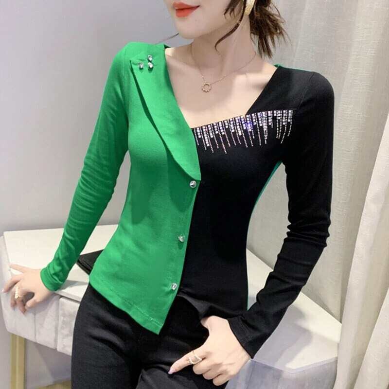 YEQEDU: Women's Spliced Color Long Sleeve Square Collar Skinny Blouse