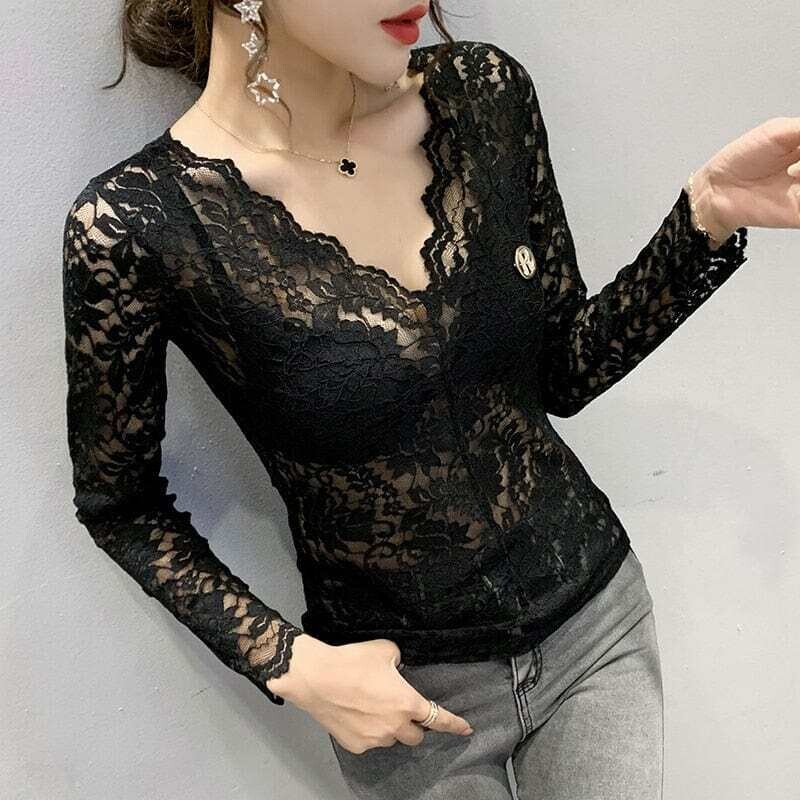 YEQEDU: Women's Lace Transparent Hollow Out Tight Fashion Blouse