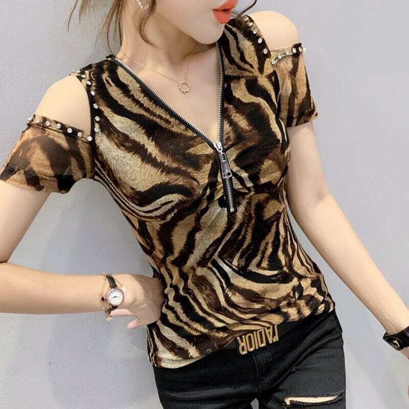 YEQEDU: Women's Leopard Zipper Short Sleeve Off Shoulder Slim Fit Blouse