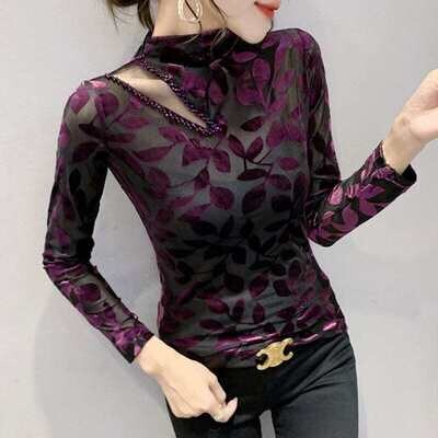 YEQEDU: Women's Mesh Hollow Out Long Sleeve Perspective Half High Collar Blouse