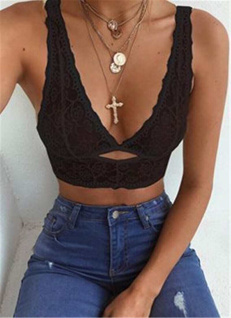 New Sexy Lingerie Deep v Floral Lace Bralette Crop Unpadded Triangle Mesh Bra Tops