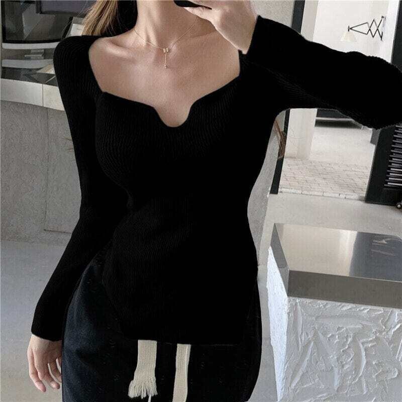 Knitted Sweater Shirts Women Square Collar Long Sleeve All-Match Bottomming Knit Jumpers Split Pullovers Tops for Female