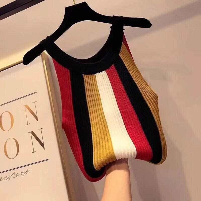 Women Knitting Halter Neck Off-Shoulder Vertical Stripes Tank Tops Girls Knitted Camisole Sleeveless Short T-Shirts for Woman