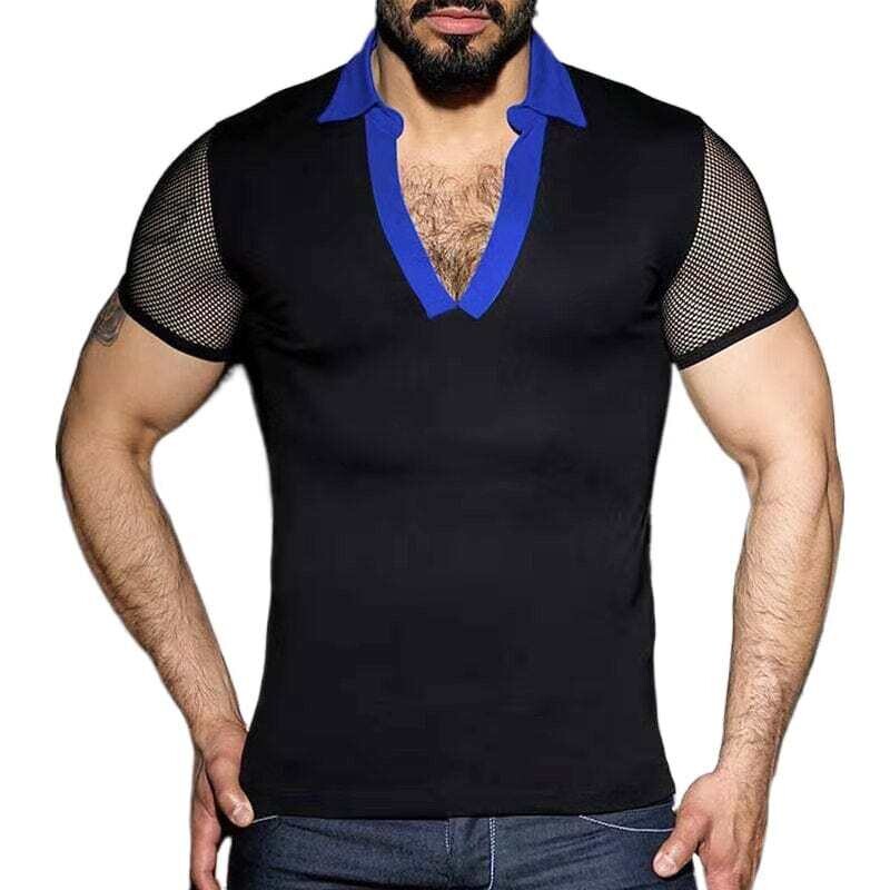 Men's Nighclub  Summer Stitching Short Sleeve Polo Hollow Out Mesh Shirt