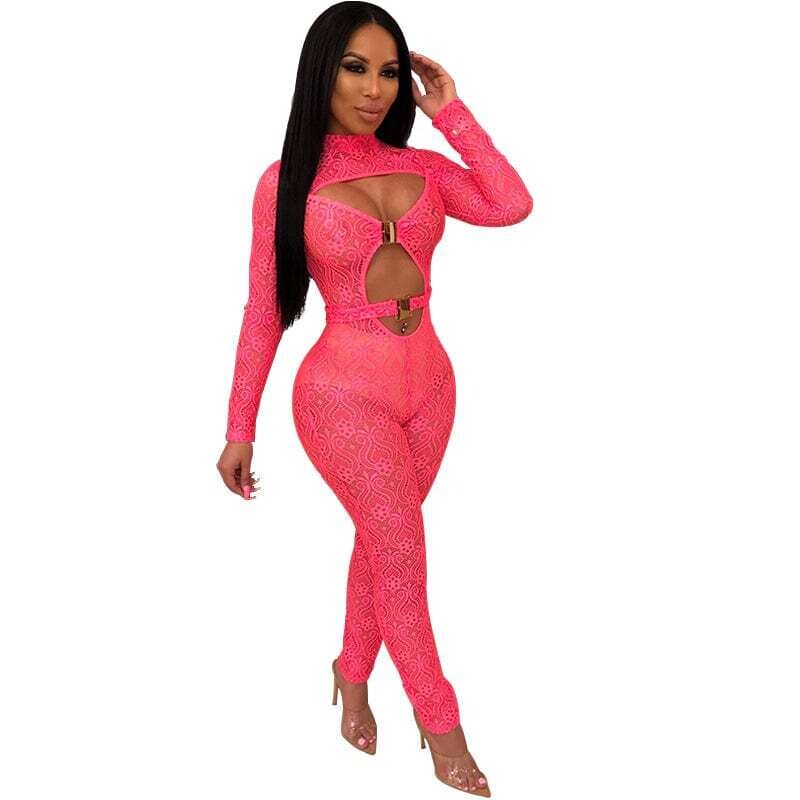 Women's Suspender Jumpsuit Embroidery Floral Long Sleeve Sexy African  Lace  Mesh Button Jumpsuit
