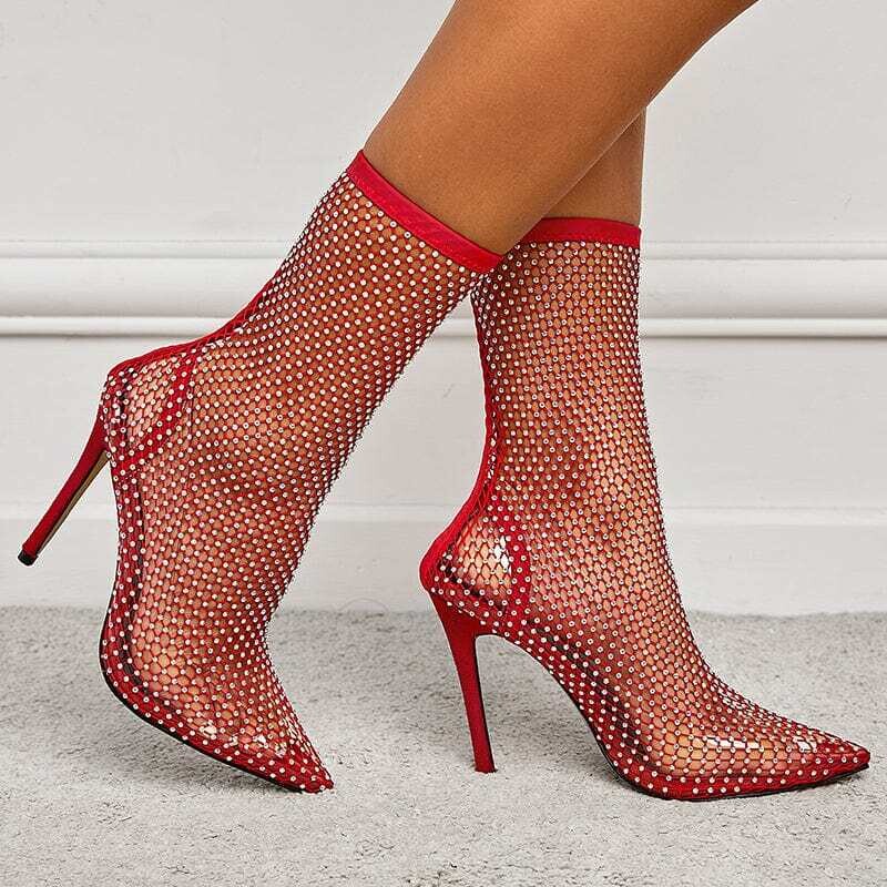 Rhinestone Sheet Mesh Botines Para Dama Large Size 42 Fishnet Ladies Shoes Boots Women Shoes With Heels