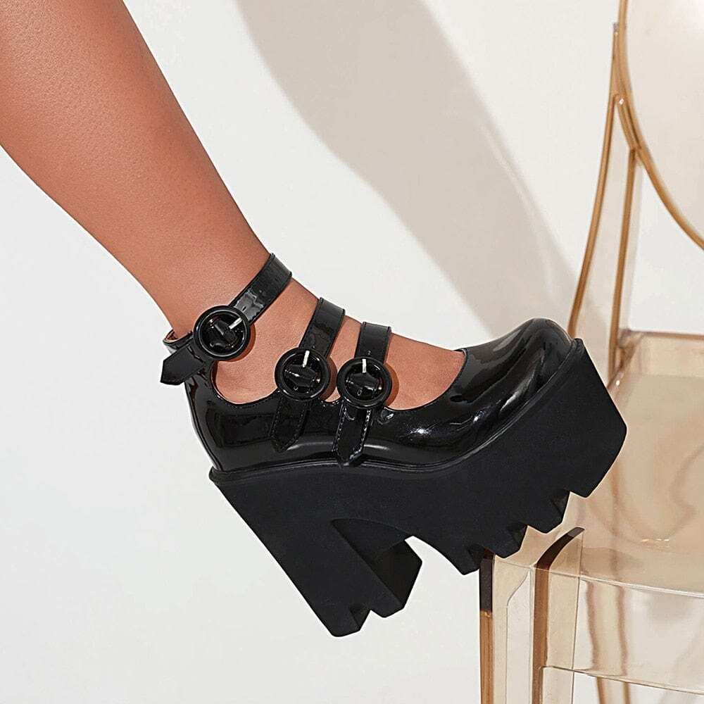 Three Rows of Round Buckle Super High Wedges Sexy Women's Pumps Bright Patent Leather Super High Platform Women's High Heels