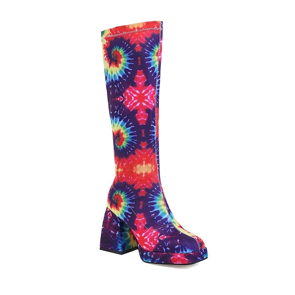 Fireworks Multicolor Pattern Super High Thick Heel Square Toe Women's Boots Snake Pattern Tapered Heel Sexy Knee-Length Boots