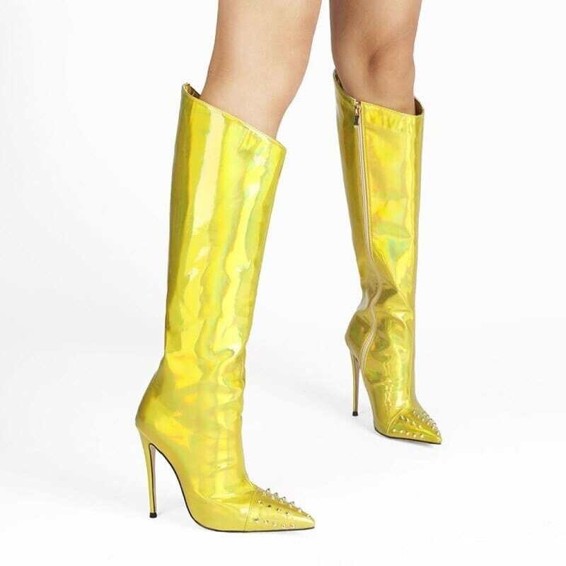 Gold Pointed Toe Stilettos Heels Zipper Elegant Rivets Knee High Boots