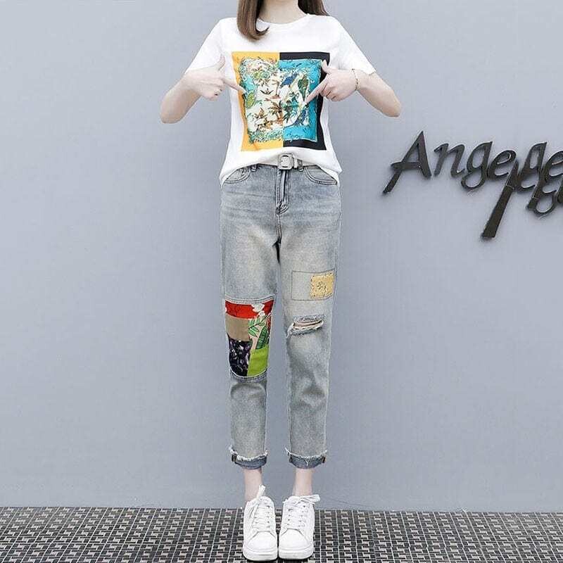ELVVQP: Women's Graphic Print O-Neck Pullover Blouse + High Waist Ripped Stitching Nine-Point Jeans