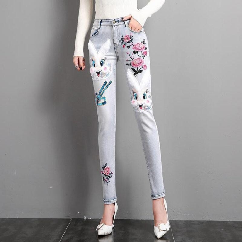 High Waist Embroidery Jeans Women Spring Jeans Woman Skinny Cartoons Office Lady Denim Pencil Pants Female Jeans Femme Trousers