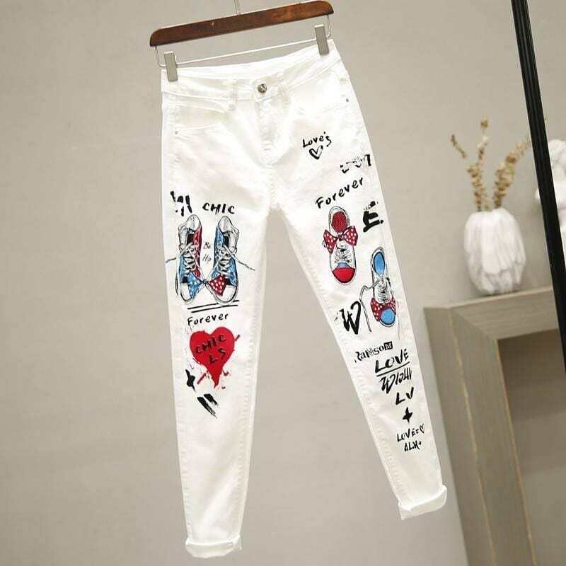 Women White Skinny Denim Pants Cartoon Graffiti Printed Stretch Jeans Autumn Slim Body Pencil Jeans Ladies Plus Size Jeans