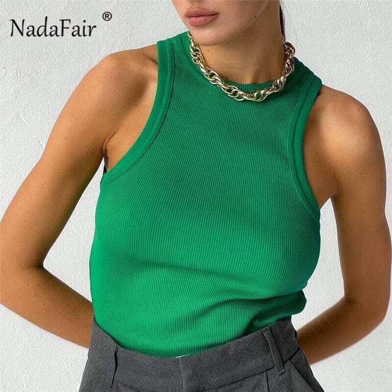 Nadafair:  Women's Ribber Knitted O Neck Summer Basic Sports Off Shoulder Tank Shirts