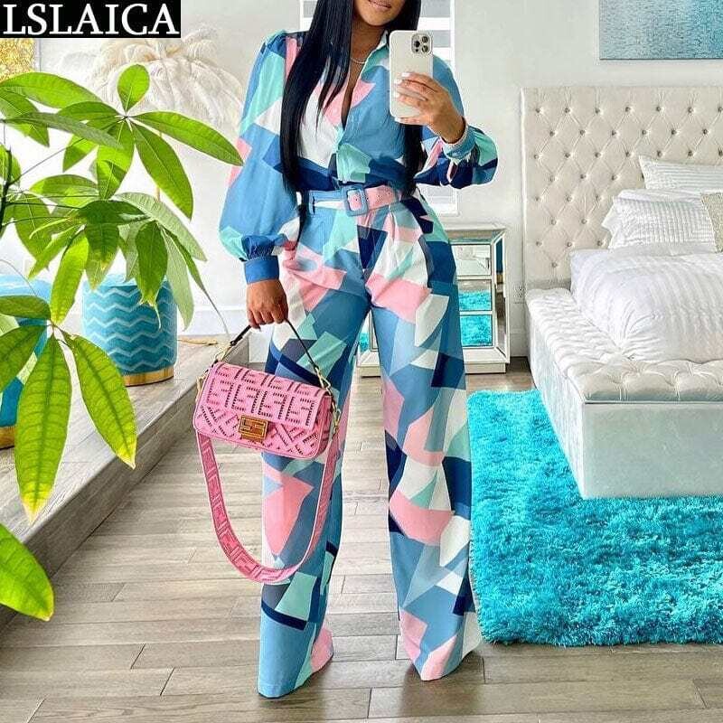 Women's Two-Piece Long-Sleeve Printed Pants Suits