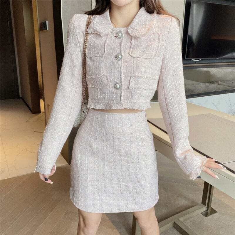 TDVICTORY: Women's Elegant Tweed Two-Piece Set Crop Top Mini Skirt