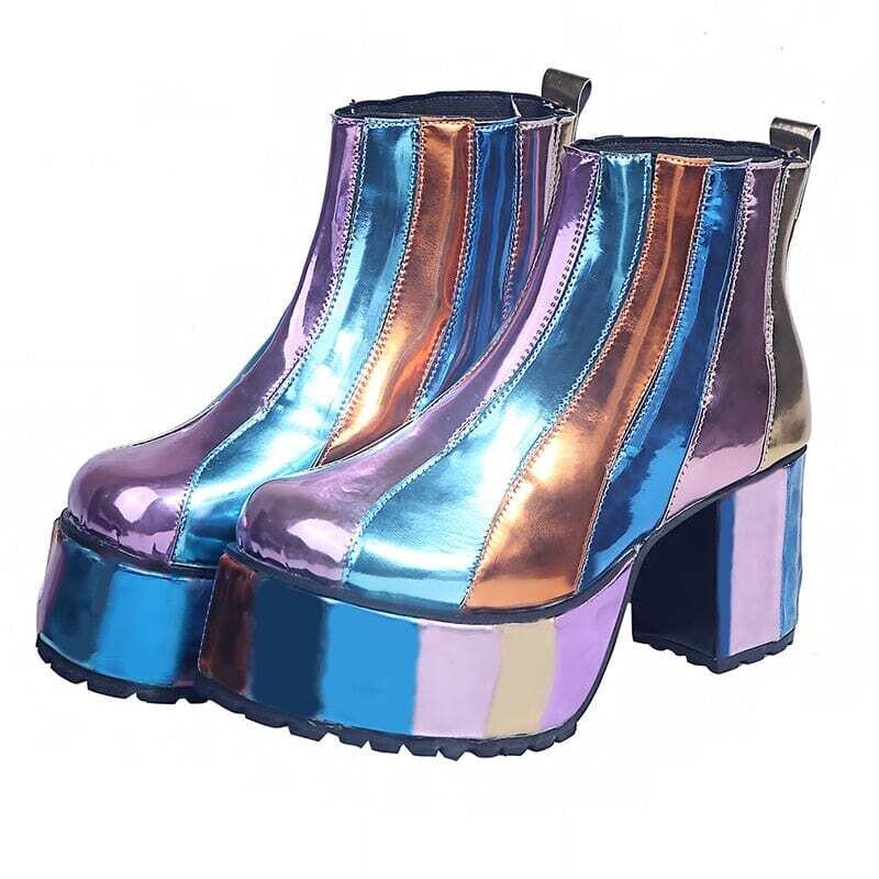 HENGSONG: Women's PU Striped Patchwork Retro Color Slip On Round Toe Female High Heels Platform Ankle Boot