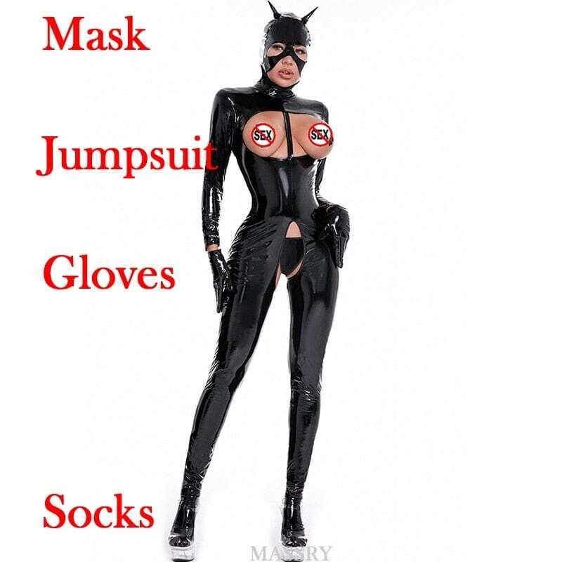 MASSRY: Women's Hollow Chest Catsuit Faux Leather  Hot Erotic Adult Costumes