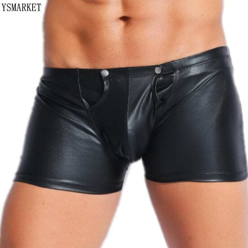 YSMARKET: Men's Faux Leather Boxer Briefs/Zipper Open Crotch Drawstring Hotpants (Model No. E6739)